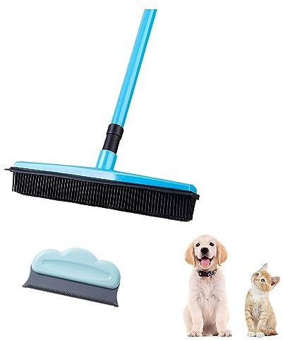 Carpet Broom for Pet Hair,with Hair Remover, Rubber Broom Pet Hair Remover, Heavy Duty Pet Hair Remover Broom, Carpet Rake For Pet Hair Removal (Color : Blue)