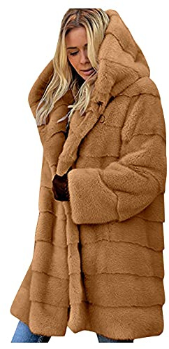 RLEHJN Womens Faux Fur Coat UK Sale Clearance Long Faux Fur Jacket Ladies Winter Coat Zip Up Padded Overcoat Warm Plush Hooded Jackets Artificial Fur Long Sleeve Thicken Outerwear 8-24