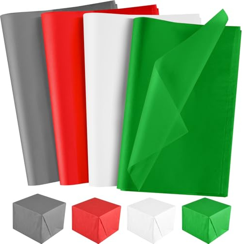 NEBURORA 72 Blatt Weihnachts Seidenpapier Sortiment 50 x 35 cm Rot Grün Weiß Grau Geschenkverpackungs Seidenpapier Großpackung für Weihnachtsgeschenke Bastelarbeiten Taschen und Partydekorationen