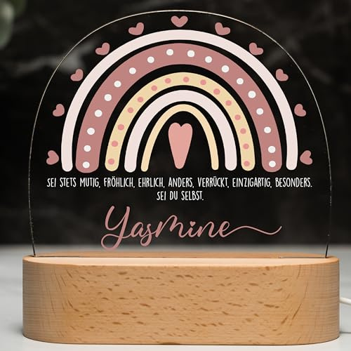 Kidsmood Nachtlicht Baby Holz - Personalisierte Nachttischlampe Kinder mit Namen, LED dimmbar, GREENGUARD - Stilllicht & Babyzimmer Deko, Geschenk Geburt, Taufe Mädchen Jungen [Rosa Regenbogen]