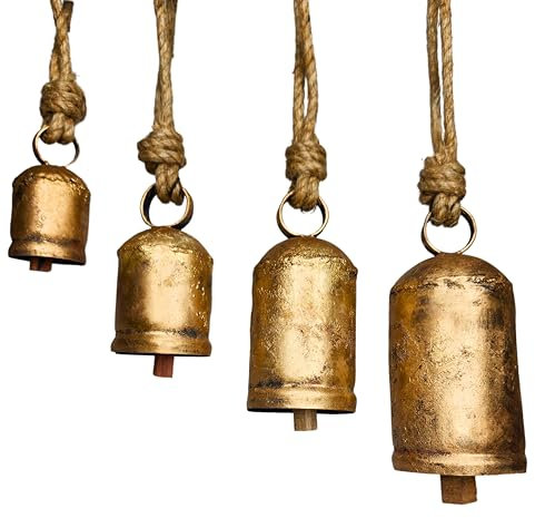 BELLUXE Harmony Kuhglocken im Vintage-Stil, handgefertigt, rustikal, Glücksbringer, Weihnachtsdekoration, Glocken am Seil (Set mit 4 Glocken)