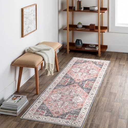 Carvapet Tvättbar hallmatta 60 x 180 cm lång tunn mattlöpare rosa område matta vintage medaljong golvmatta mattor för vardagsrum korridor kök