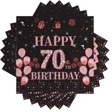 VReder Servietten 70 Geburtstag, Schwarz Roségold Papier Party Servietten, Happy Birthday 70. Servietten für Frau Frauen Geburtstag Feiern Party Decorations 40 Stück