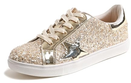 FEVERSOLE Women's Fashion Lace Up Dress Sneakers Sparkly Party Shiny Shoes Light Gold Star Glitter Size 7 M US