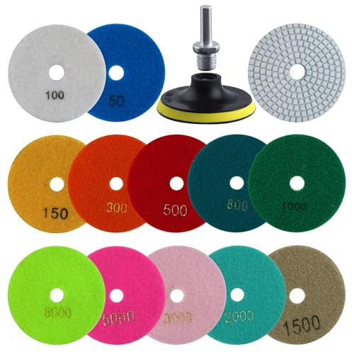 SPEEDWOX 14 Paquetes almohadillas de pulido de diamante de 4 pulgadas 12PCS Kit almohadilla de pulido húmedo/seco disco de pulido y pulido de piedra para amoladora de taladro pulidora 50-8000