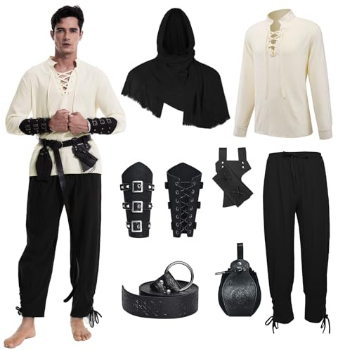 Mittelalter Herren Renaissance Kostüm Set Viking Kostüm für Halloween | Herren Kostüm Set mit Zubehör für Wikinger Renaissance Rollen, Halloween, LARP und mittelalterliche Events