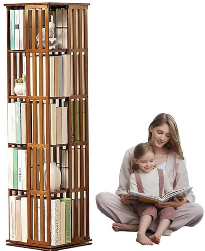 WANGYYDS 360° Drehbares Bücherregal 5/6 Ebenen Holz Hoch, Hohes Bücherregal Display-Organizer, Bücherregal Schrank, brown-5Tier