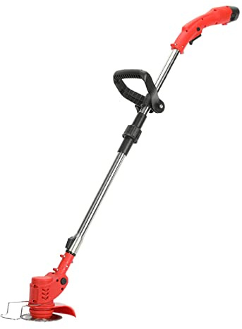 Electric Lawn Mower, 12V 2000mAh 2 Batteries 1 Charger Telescopic Rod Anti-slip Handle Weed Trimmer Cordless Electric Weed Lawn Eater Edger (Red)