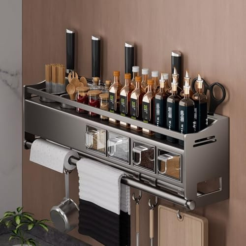 Scaffale Portaspezie a Parete in Metallo con Supporto per Utensili, Porta Asciugamani di Carta, Ganci e Portacoltelli - Mensola da Cucina per Organizzatore di Armadio