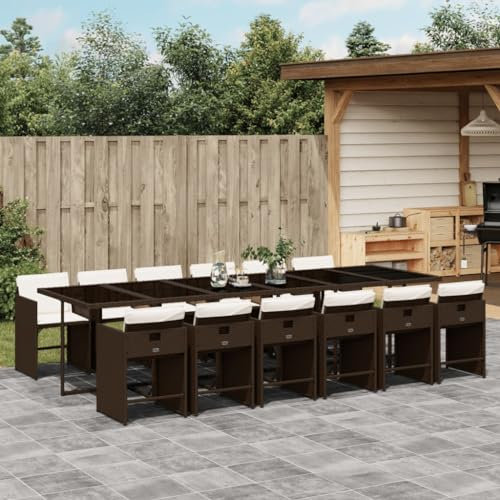 Somanki 13-TLG. Garten-Essgruppe mit Kissen Braun Poly Rattan, Esstisch Mit Stühlen Set, Gartenmöbel Sitzgruppe, Balkon Möbel, Gartenlounge Set, Terrassenmöbel, Balkonmöbel Set - 3211125