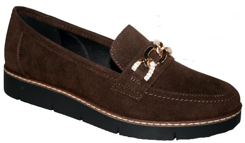 Cushion Walk Ladies Casual Slip-On Smooth Faux Leather Comfort Sporty Wedge Loafer with Chain Trim Sizes 4-8 (Brown Suede, UK Footwear Size System, Adult, Women, Numeric, Medium, 5)