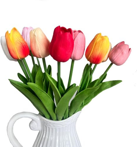 Amajoy 12 tulipanes de látex de tacto real, flores artificiales de poliuretano para ramos de boda, decoración de fiestas, casa de campo, decoración del hogar, proyecto de bricolaje (mezcla de colores