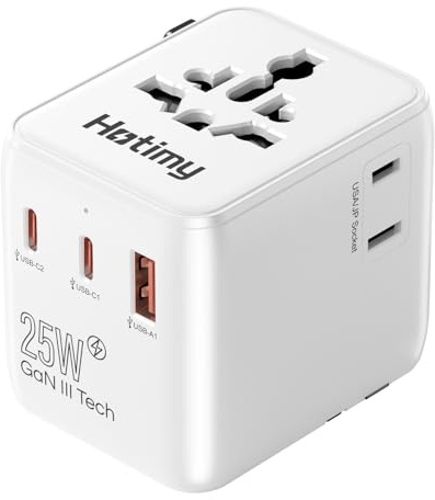 Universal Travel Adapter, PD 25W International Travel Adapter, 2PD USB-C and 1QC USB-A Ports, Dual 10A Fuses, All in One Worldwide Travel Plug for USA, UK, EU, AU 150+ Countries