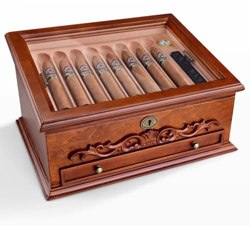 PP-Vic Trähandgjorda cigarrhumidor, bordsskiva cigarrdisplaybox, glasets topp cigarförvaringslåda för 30 cigarrer med tillbehörslåda för män