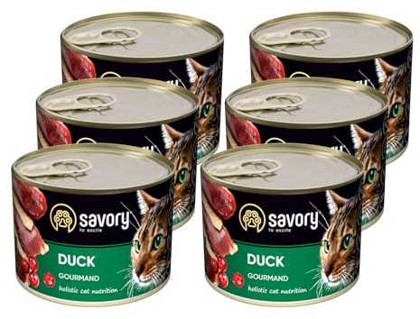 Savory - Katzenfutter Nass - Katzennassfutter - für Erwachsene Katze - Ente - Weiche Fleischstücke, mit Taurin, Vitamine E, D3, Zink - Nassfutter 6er-Pack (6x200 g)