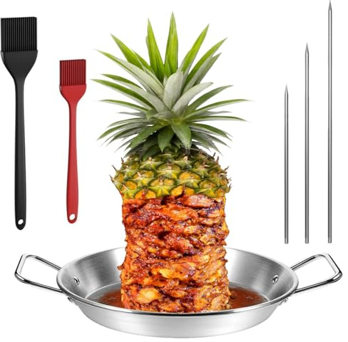 Vertikaler Schaschlikspieß, Grillspieß, Edelstahl, Huhnspieße, vertikaler Fleischspieß mit 3 Ersatzspikes, 2 Bürsten für Steak, Huhn, Fisch, Truthahn-Schaschlik