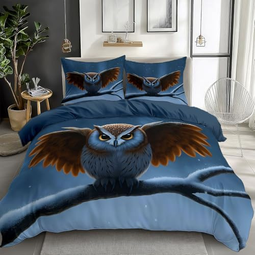 Reversible Bedding Set Duvet Cover Set Cot-bed for Kids Toddler- Animal Owl Fantasy Cartoon Printed Quilted Comforter Cover with 1 Pillowcases, Blue, Microfiber, Zipper Closure, 2 Pieces
