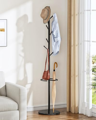 CHOEZON Coat Rack Freestanding, Coat Rack with Umbrella Holder, Coat Hanger Stand with 8 Hooks, Coat Tree with Marble Base, 3 Adjustable Size, for Entryway, Living Room, Bedroom Marble Black TYM09BD