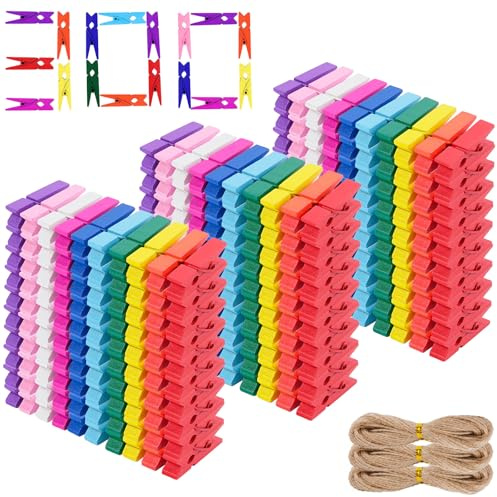Akamino 300 Pcs Colourful Mini Wooden Pegs, 3.5CM Colored Wooden Clothes Pins with 40 Meters String, Small Craft Clips Photo Display Pegs for Decorative,Hanging Photos Cards, DIY Crafts