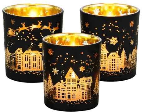 Hewory 3 Teelichthalter Glas Set Windlicht Schwarz Gold für Weihnachtsdeko | Dickes Premium-Glas, Gold-Innen, Kerzenhalter für Teelichter, Votive, Weihnachtsdeko Tisch Party Winterdeko Geschenkidee