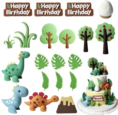 20 Pcs Dinosaur Cake Toppers, Dinosaur Cake Decorations with Happy Birthday Sign, Dinosaur Birthday Decorations for Birthday Shower Party Supplies