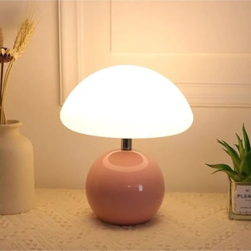 UUE Nachttischlampen, Pilz Nachttischlampe, LED Tischlampe, Dimmbar Tischleuchte, Schlafzimmer Tischlampen mit 3 Lichtfarben, Mushroom Bedside Table Lamp, Keramikbasis Glas Klein Nachtlampe (Rosa)