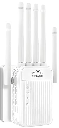 Repetidor WiFi Potente para hogar, Amplificador de señal WiFi con 6 Antenas, 2 Puertos LAN, Extensor WiFi, Ideal para hogar y Oficina, Amplia Cobertura.
