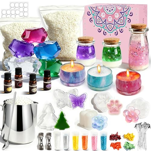 YOOHBERRYS Kerzen Selber Machen Set, DIY Kerzenherstellung Kit mit 490g Sojawachs, 5 Farben Gel Wachs, Schmelztopf, 11 Kerzenformen und 4 Duftöl, Duftkerzen Geschenkset für Erwachsene Anfänger