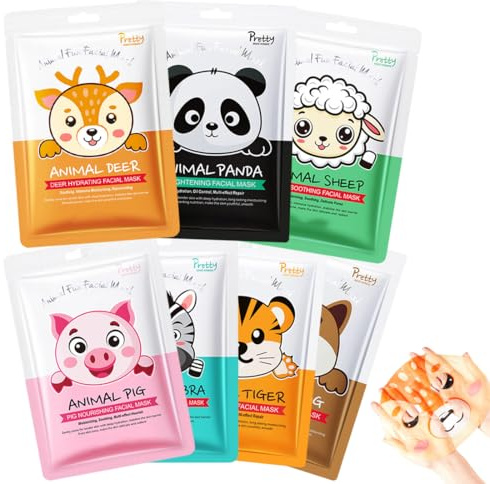 Mascarillas Faciales para Niñas con Diseños de Animales - 7 Unidades Hidratantes y Divertidas - Piel Suave y Radiante