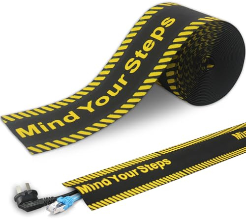 Cable Management Cover for Carpets, Hook and Loop Fastener Floor Cord Protector,Safety Strip with Warning Stripes for Commercial Office Carpet (Black)