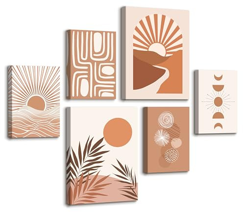 6 Sets of Boho Terrakotta Sonne Botanisch Leinwandbilder mit Rahmen Geometrie Linien Bilder Abstrakt Landschaft Wandbilder Schlafzimmer Bild Auf Leinwand Kunstdruck Deko für Wohnzimmer 20X30X4+30X40X2
