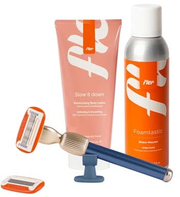 Fler Smooth Skin Set - Rasoio Donna con Supporto e 2 Lamette di Ricambio, Rasoi Unisex, Set con Mousse per la Depilazione e Crema Corpo Lenitiva, Lametta con Aloe Vera (Blu Midnight, Crema 200ml)