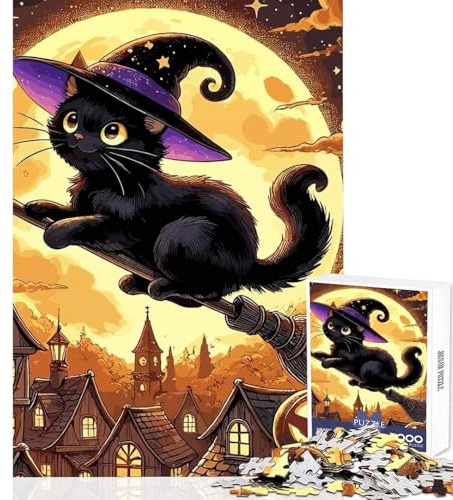 Teenagers 1000 Piece Jigsaw Puzzle Black Cat Witch on Broom Jigsaw 1000 Pieces Home Decoration Toys Art Work Gifts Perfect Decoration (38x52cm)