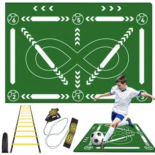 Set de entrenamiento de fútbol, esterilla de fútbol con entrenador de fútbol y escalera de coordinación, 80 cm x 120 cm, antideslizante, alfombrilla de entrenamiento para control de pelota y