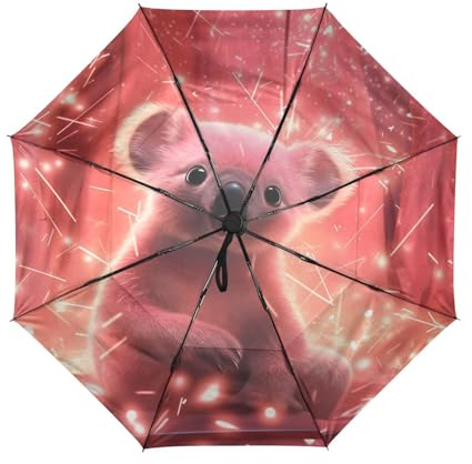 Linnyio Koala De Luz De FantasíA Roja Paraguas de Viaje Resistente al Viento Apertura Cierre AutomáTicos,Compacto con ProteccióN Solar UPF 50+ Ideal para JóVenes Chicas