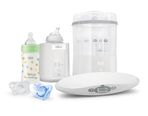 Chicco Starker Kiy: Digitale Waage, Flaschenwärmer, Sterilisator mit Trocknung, 1 Flasche, 2 Schnuller, 0 Monate+ – Komplettes Baby-Set