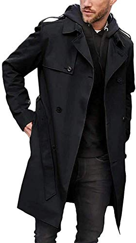 Gafeng Trenchcoat för män smal passform dubbelbröstad bältad vindjacka lång jacka ledig vindtät ytterrock, Svart, M
