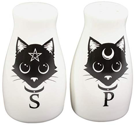 Ebros Wicca Ensemble de salière et poivrière en céramique avec pentacle et croissant de lune pour fête de cuisine Chat Halloween Macabre Alchimie