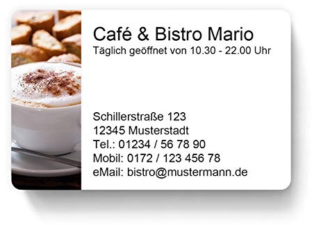 100 Visitenkarten, laminiert, 85 x 55 mm, inkl. Kartenspender - Kaffee Café Bistro