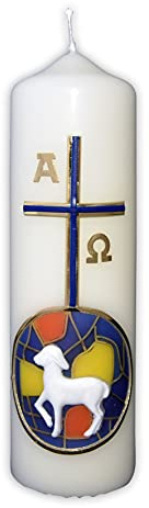 Osterkerze Tischkerze ca. 170/50mm Kreuz/Lamm Motiv von Hand veredelt