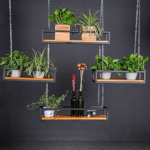 Portavolo da soffitto Scaffale per flower Pantaloni vino galleggiante Pentola Pan - 60cm/80cm/120cm/140cm/150cm, con catena di ferro e in legno Organizzatore stoccaggio a parete in legno per balcone