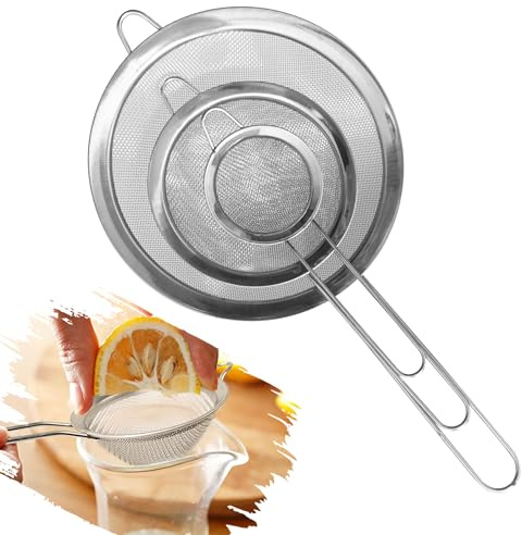 Tea Strainers Set Fine Mesh Sieve with Long Handle Kitchen Colander Filter No Sharp Edges Small Medium Large Sizes for Tea Coffee Powder (3 x Stainless Steel Strainers)