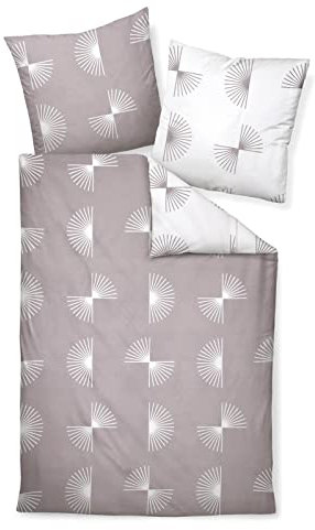 Janine Bettwäsche J.D. 87073 07 Taupe weiß Grafisches Design Kreise Fächer gefächert Striche Mako Satin, Größe:135 cm x 200 cm