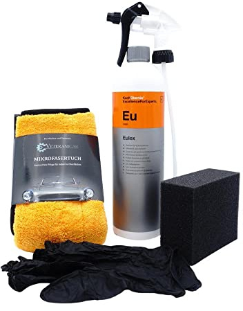 Koch Chemie 1000ml Eulex Klebstoff & Fleckentferner Spray Set (Sprühkopf + Tuch + Schwamm + Handschuhe)