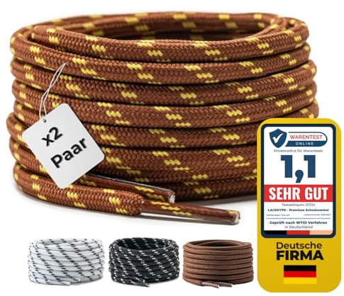 LaceHype 2 par - premium runda skosnören [ 4,5 mm) för arbetsskor, stövlar, utomhusskor och sportskor, slitstarka skoband, ersättnings skosnören av polyester (brun/gul, 110)