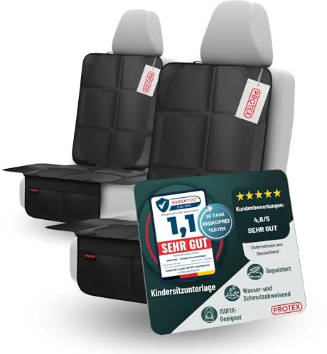 PROTEX© Kindersitzunterlage [Testsieger 2025] ISOFIX-geeignet | Wasserabweisender Polyester Stoff mit gepolsteter Sitzfläche | L (Doppelpack)
