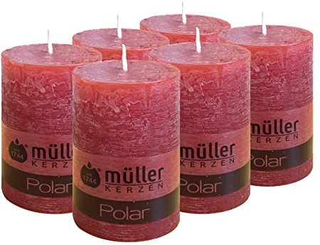 Müller Kerzen POLAR Stumpenkerzen mit Raureif-Effekt - Set mit 6 Rustikale Kerzen - Rot - 58 x 90 mm - Lange Brenndauer 32 Stunden - Ohne Duft - Tropfenfrei - RAL Qualität