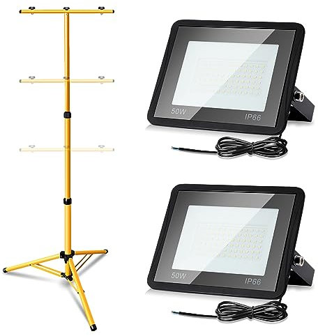 Yakimz Projecteur de chantier LED avec trépied, 2 projecteurs de travail 50 W blanc froid 6000 K 4250 lm Projecteur de chantier IP66 étanche pour construction atelier, avec câble de 1 m, pas de prise