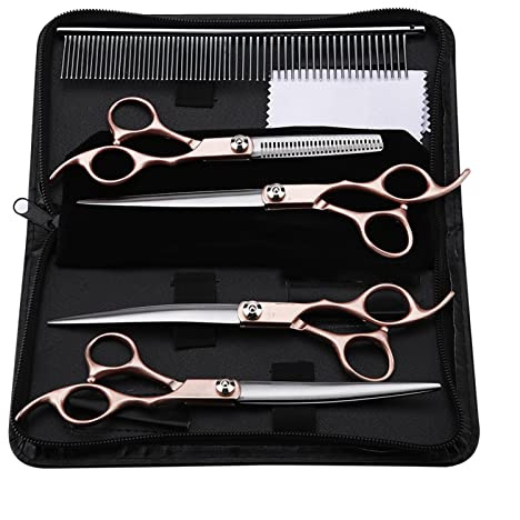 Set di 4 Forbici da Toelettatura Professionali per Cani, 7 Pollici, Manico Dorato, Affilate per la Cura del Pelo Animale
