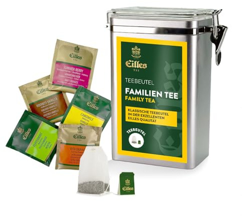 FAMILY TEE Premium Aromadose mit 5 Sorten EILLES Deluxe Teebeutel, 30 Portionen gesamt, wiederverschließbare Dose mit Crystal-Deckel